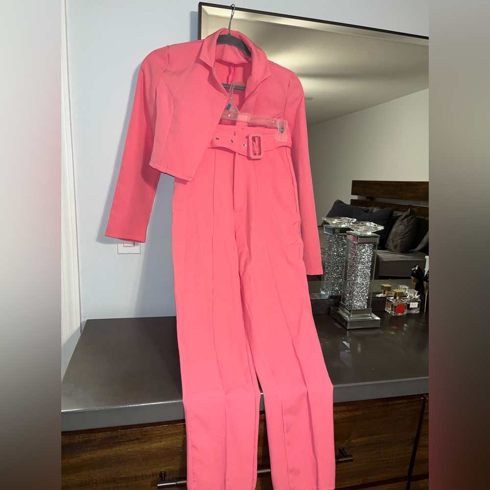 Pink pants suit